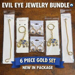 Gold Tone Evil Eye 6 pc Jewelry Bundle: Keychains, Earrings, Stainless Bracelets